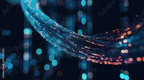 3D Rendering of abstract wire cable tunnel with digital binary data transmitting. Depth of field effect. Inside AI concept. Technology, machine learning, big data, virtualization. Product background