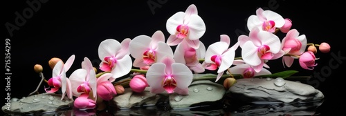 stones and a branch of pink orchids