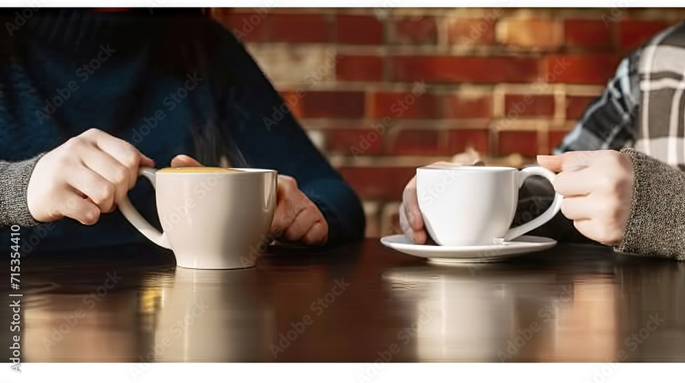 two people at a dining table holding coffee cups,Women having coffee break at wooden table in cafe, two people at a dining table holding coffee cups,Women having coffee break at wooden table in cafe,