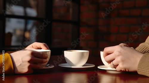 two people at a dining table holding coffee cups,Women having coffee break at wooden table in cafe,