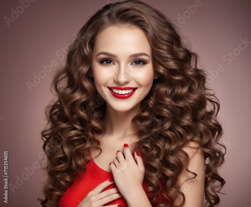 Beautiful smiling woman with long wavy hair . Girl curly hairstyle and red manicure nails 
