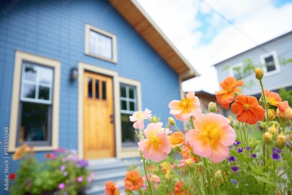 bright flowers in front of a blue saltbox exterior