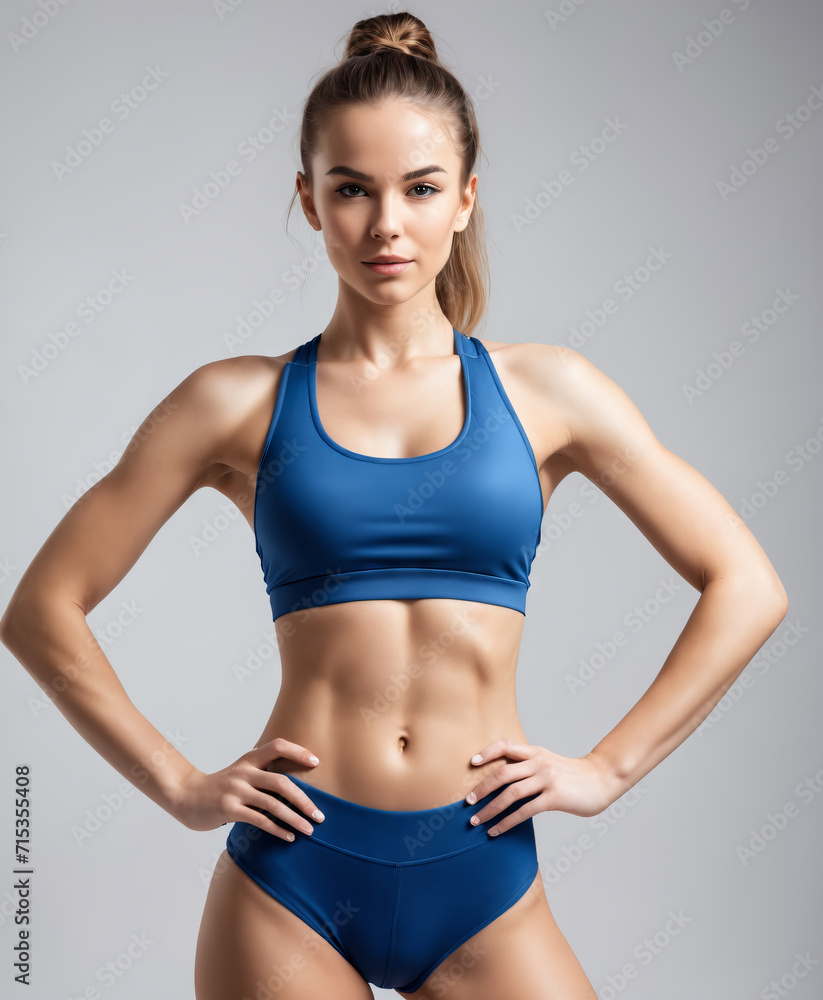 Beautiful athletic girl in a blue fitness suit on a white background