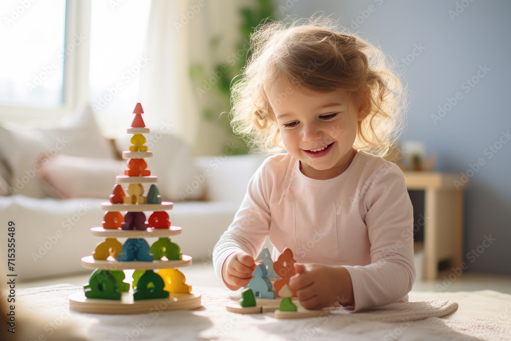 Portrait happy kid playing in a kindergarten or children's room at home with wooden educational toys. Concept of leisure, development, education. Portrait happy kid playing in a kindergarten or children's room at home with wooden educational toys. Concept of leisure, development, education.