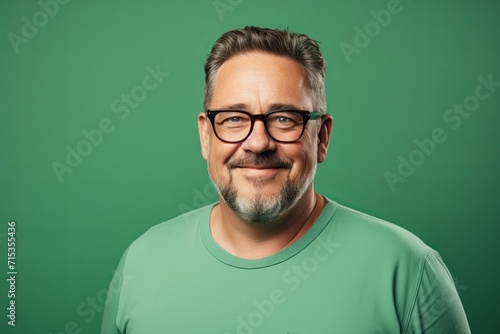 Portrait of a happy senior man in glasses on a green background. © Loli
