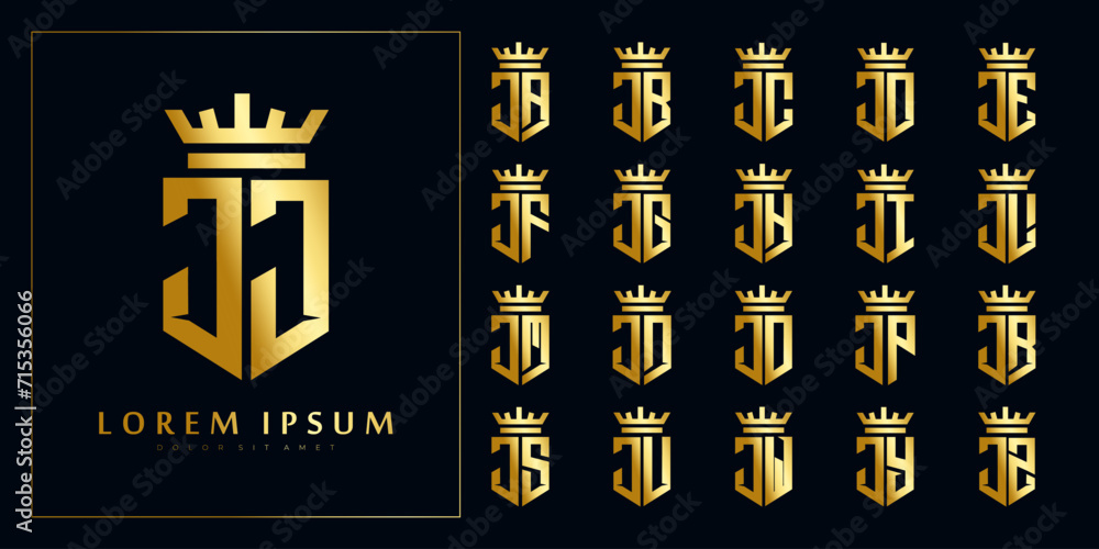 set of initial J collection in shiny gold shield with crown logo design template