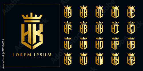 set of initial H collection in shiny gold shield with crown logo design template