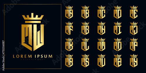 set of initial M collection in shiny gold shield with crown logo design template