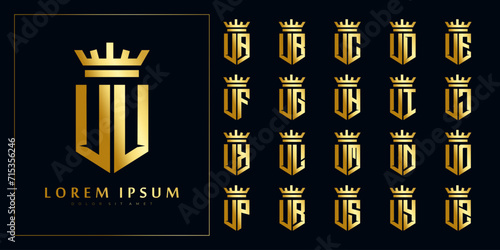 set of initial U collection in shiny gold shield with crown logo design template