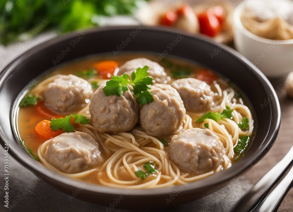 Noodles with meatballs and vegetables in bowl on wooden table