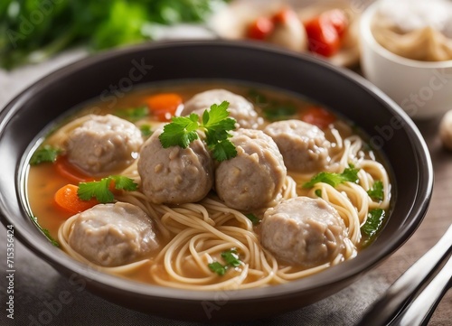Noodles with meatballs and vegetables in bowl on wooden table