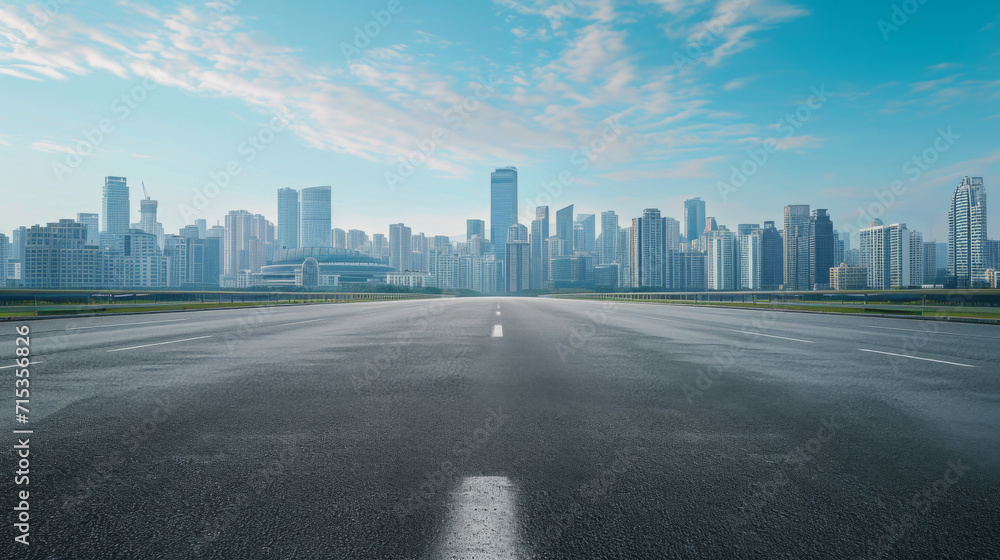 Fototapeta premium An empty road with skyscrapers in the background,