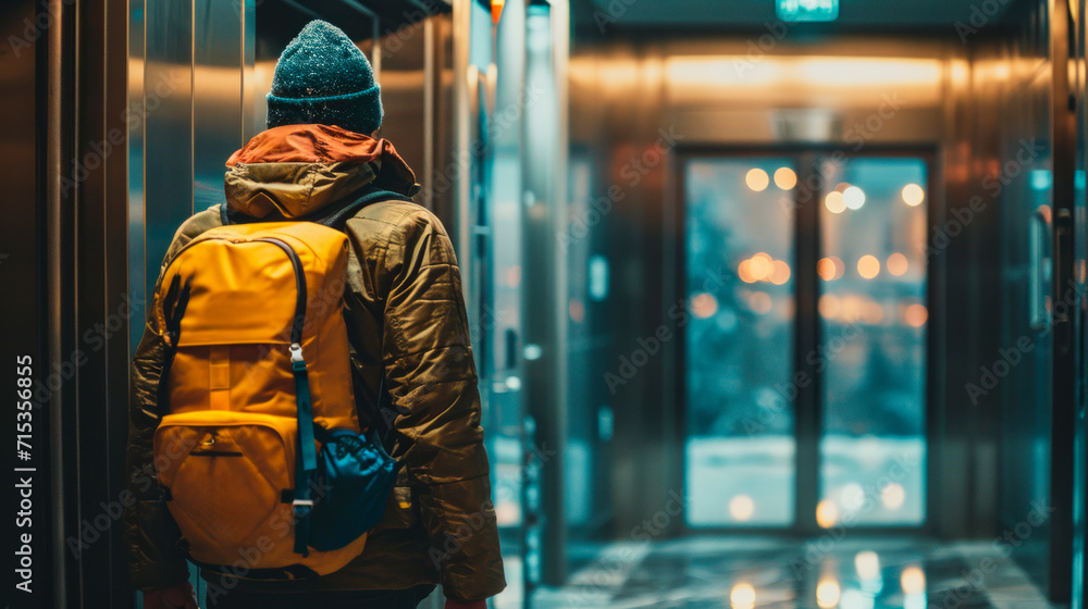 Obraz premium man on vacation with bright luggage with a suitcase and a backpack