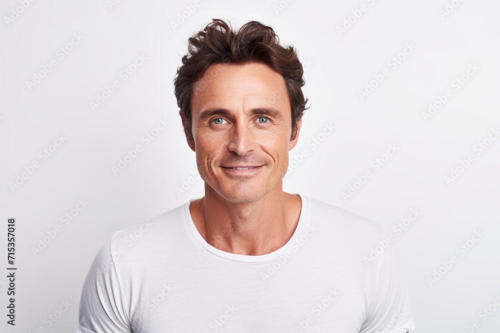 Portrait of handsome mature man looking at camera and smiling while standing against grey background Portrait of handsome mature man looking at camera and smiling while standing against grey background