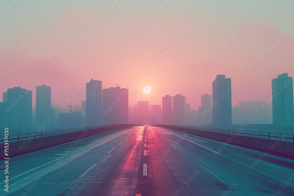 A highway with the sun behind a skyline. A highway with the sun behind a skyline.