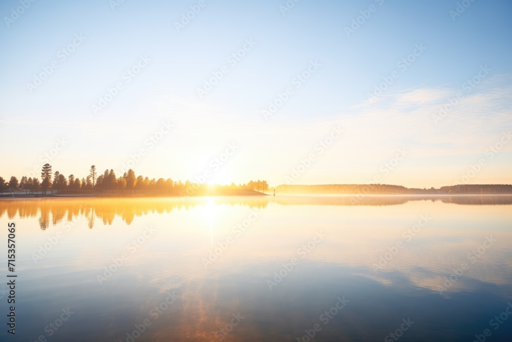 reflection of sunrise on a calm freshwater lake