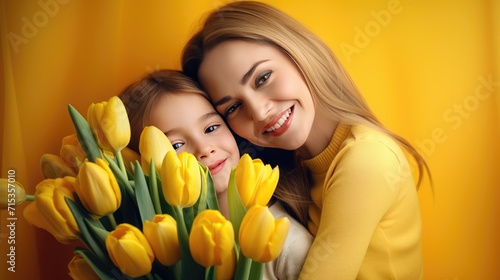 A cute little girl congratulates her mother and gives her a bouquet of tulip flowers on a yellow background. The concept of Mother's Day. Happy family holiday, women's Day.