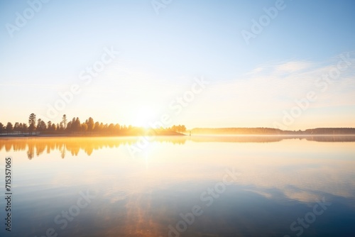 reflection of sunrise on a calm freshwater lake © altitudevisual