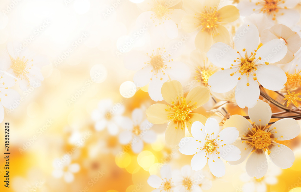 white and yellow flower background with blurry stars, with small white sparks white and yellow flower background with blurry stars, with small white sparks