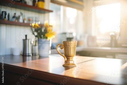 golden cup on a desk with morning light