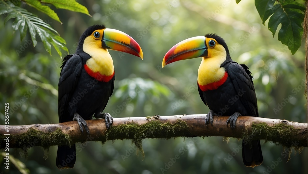 Two toucan tropical bird sitting on a tree branch in natural wildlife environment in rainforest jungle