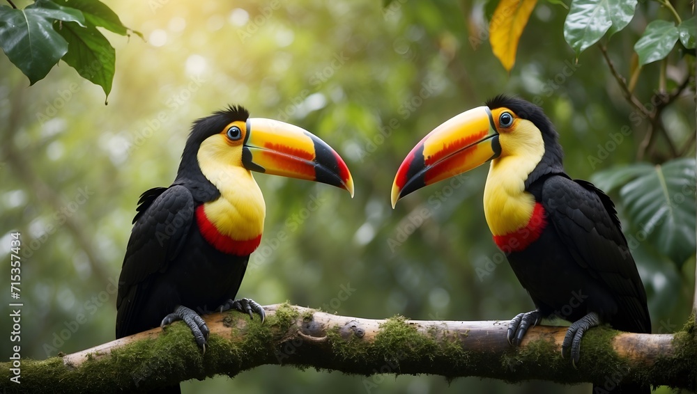 Fototapeta premium Two toucan tropical bird sitting on a tree branch in natural wildlife environment in rainforest jungle