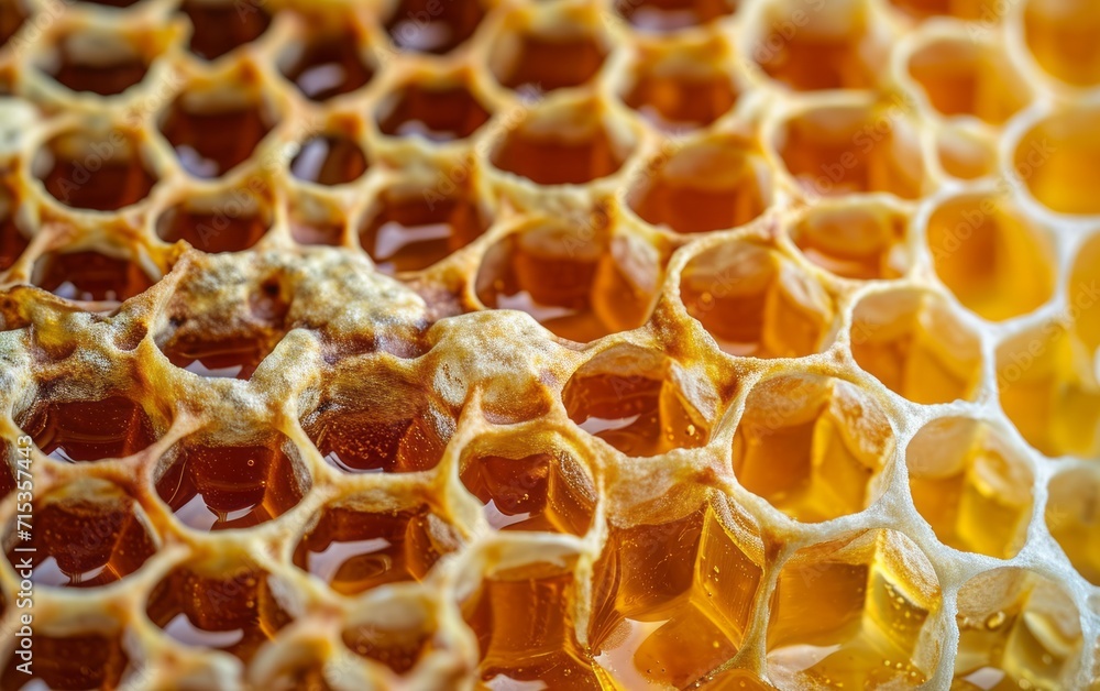 Honey close-up. Amber sweet honey in honeycomb. Transparent honey flows down the honeycomb Honey close-up. Amber sweet honey in honeycomb. Transparent honey flows down the honeycomb