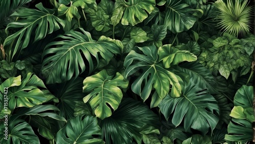 Seamless pattern with tropical green palm, colocasia, banana leaves.