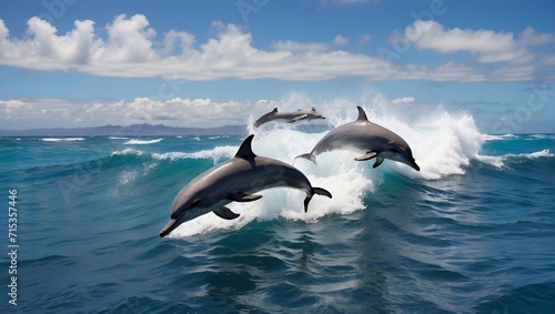 Playful dolphins jumping over breaking waves. Hawaii Pacific Ocean wildlife scenery. Marine animals in natural habitat. © New generate