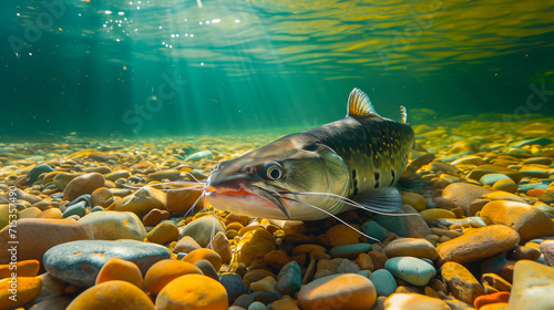 Bright underwater view of a big catfish are swimming  in the clear water with a colorful pebbles , and the sunlight reflects a beautiful light on them. photo
