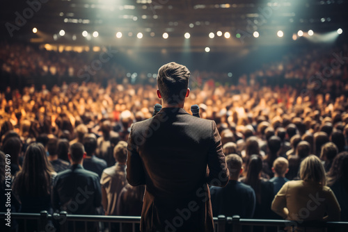 Motivational male speaker standing on stage in front of audience on business event.