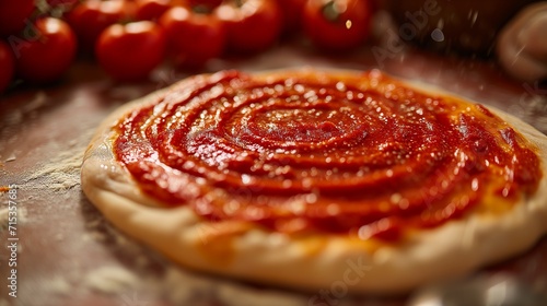 Raw dough for pizza preparation placing ingredients on pizza base spreading rich tomato sauce evenly over the stretched pizza dough,