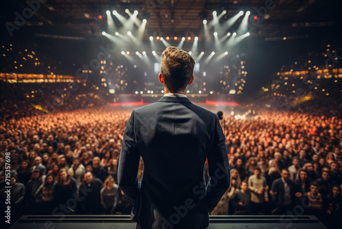 Motivational male speaker standing on stage in front of audience on business event.