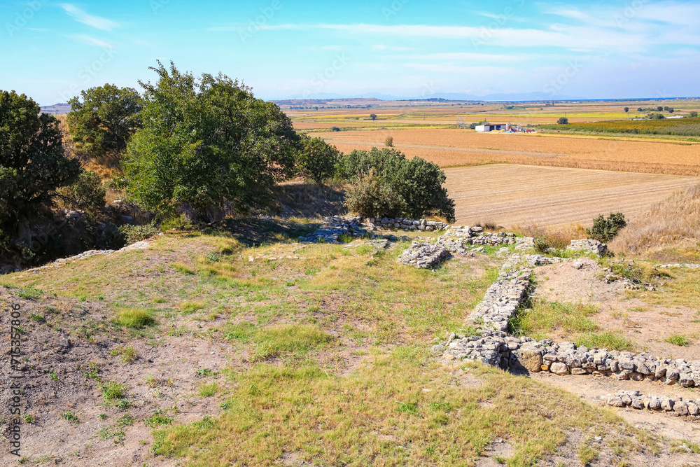 Archaeological site of ancient Troy. Remains of ruined buildings. Hisarlik hill. Tevfikiye (Cankkale), Turkey (Turkiye)