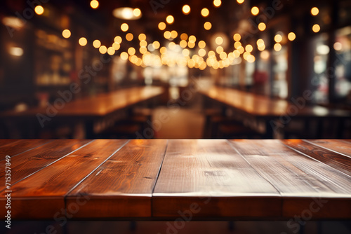 Rustic empty wooden table. Vintage pub interior. Dark wood counter.
