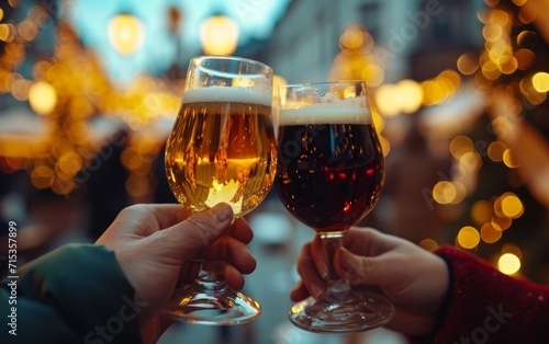 Beer glasses in hand, to clink together for another toast. The background is sea, with evening lights shining.