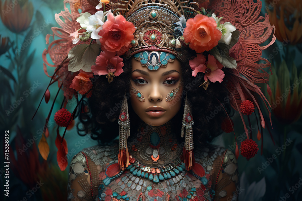 Portrait of a beautiful boho woman with flower crown.