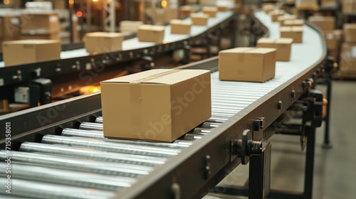 Multiple brown cardboard boxes are placed on the conveyor belt, suggesting a sorting or shipping process, generative ai © Rama