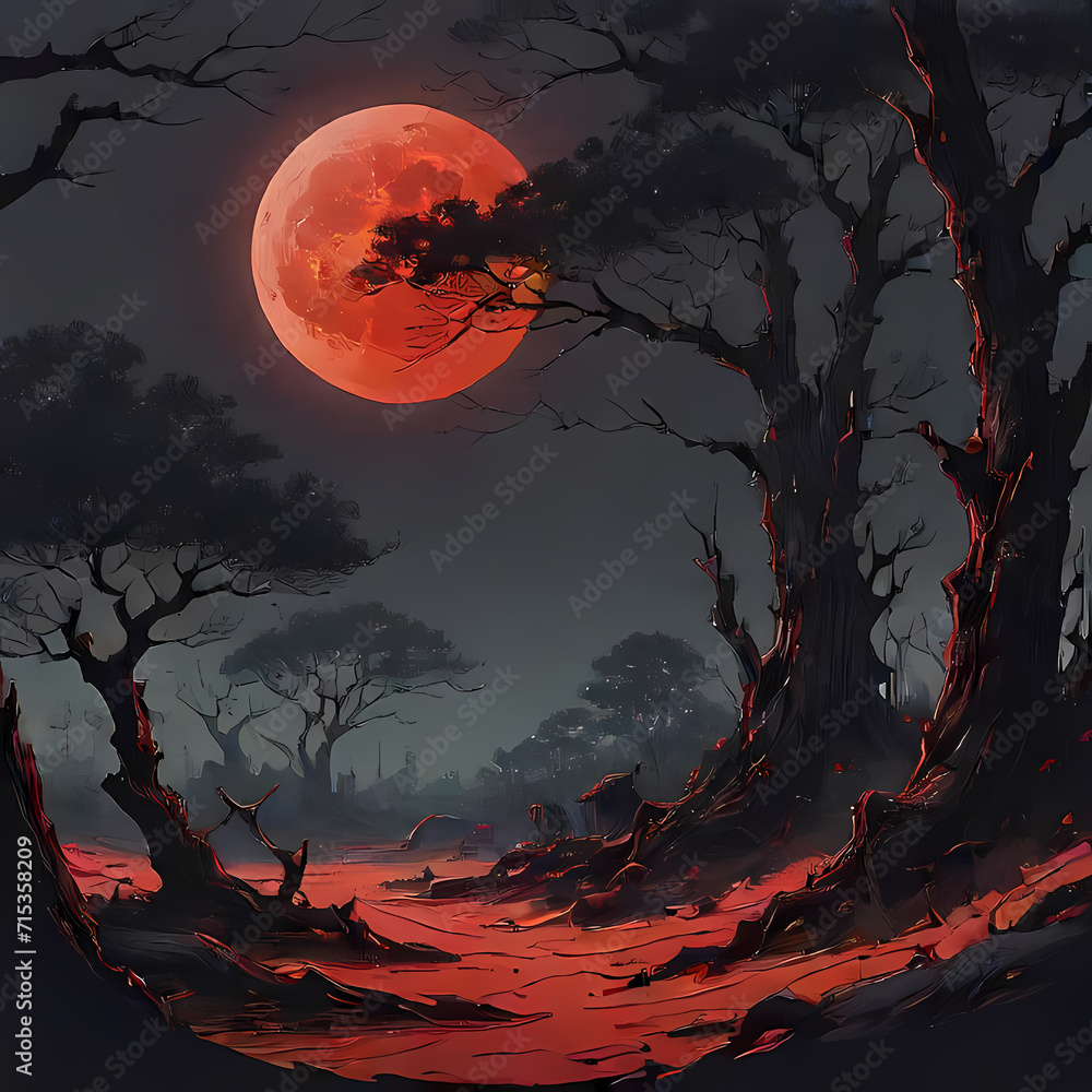 A desolate forest under a blood-red moon, setting the eerie tone. An ancient, gnarled tree stands as a gateway to a realm of darkness
