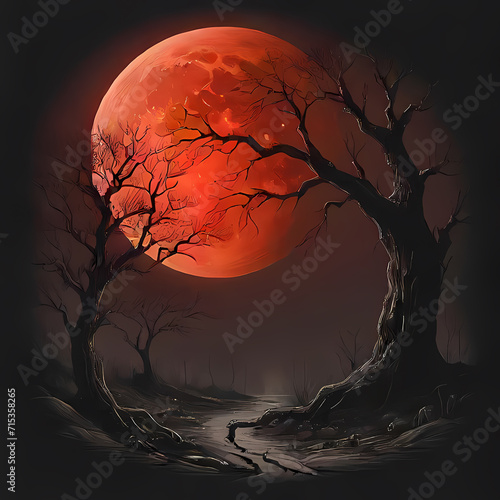 A desolate forest under a blood-red moon, setting the eerie tone. An ancient, gnarled tree stands as a gateway to a realm of darkness