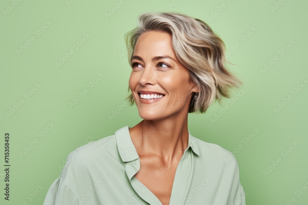 Portrait of beautiful middle aged woman smiling at camera over green background Portrait of beautiful middle aged woman smiling at camera over green background