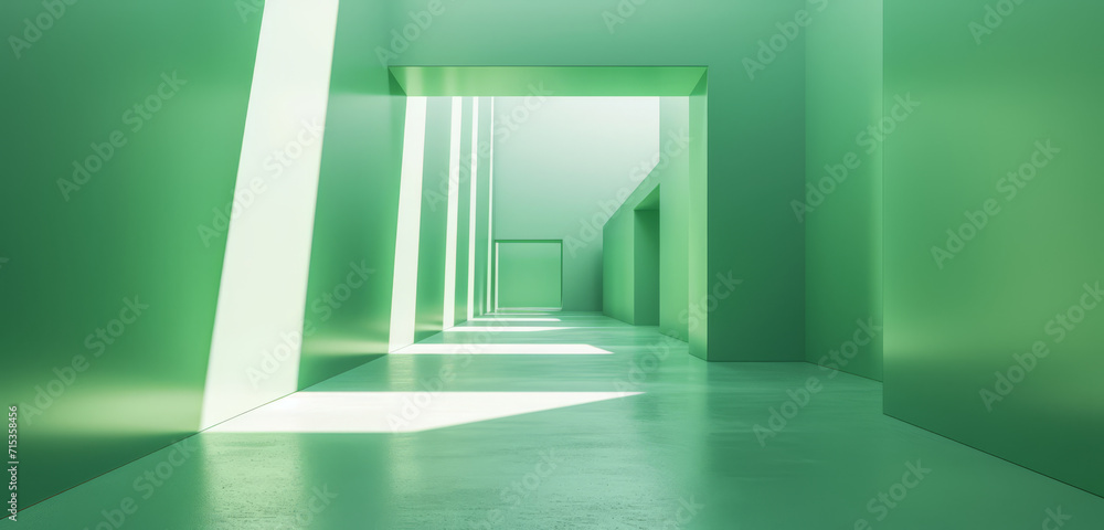 Obraz premium A vibrant green minimalist corridor with a play of light and shadows.