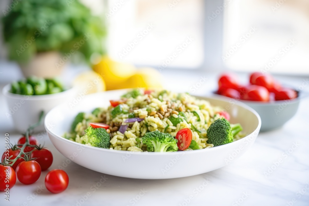 vegan broccoli rice salad with cherry tomatoes