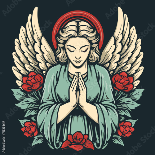 Flat Color 1940s Tattoo Praying Hands: Kid-Friendly Stencil Mascot Logo Vector