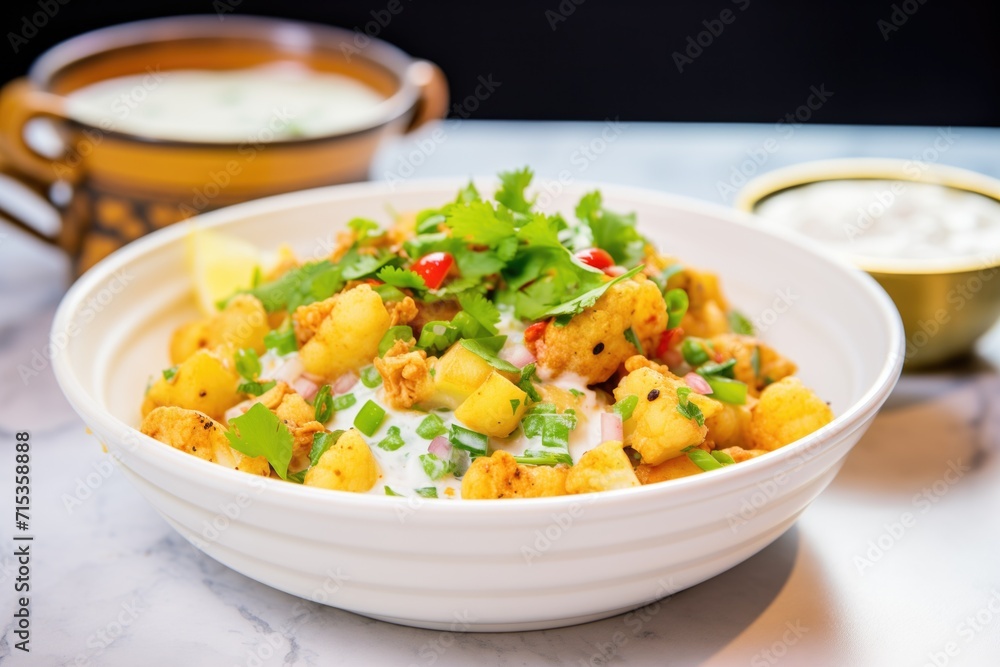side view of aloo gobi with yogurt dip side view of aloo gobi with yogurt dip