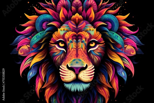 Vibrant mandala lion  A kaleidoscope of colors in captivating illustration  a majestic fusion of art and wildlife.      