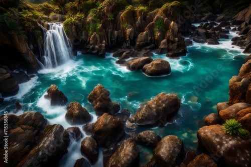 An enchanting coastal scene, where rugged cliffs meet the crashing waves of the sea. Amongst the rocks, a picturesque waterfall emerges, gently flowing into a sparkling pool. 