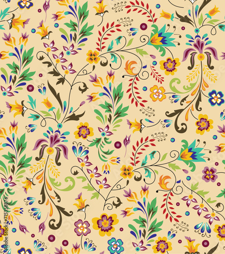 allover yellow orange and pink vector small flower Pattern on cream background