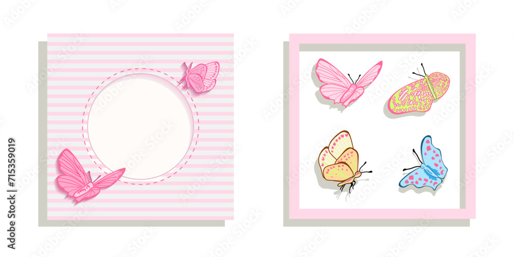 Greeting card with butterflies in a frame. Invitation to the celebration. Congratulation. Textile printing for children. Cartoon Vector illustration.