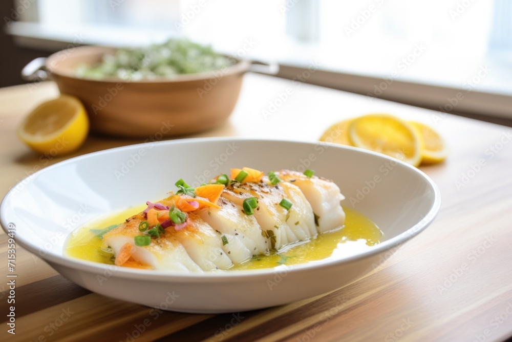 baked cod with a lemon butter sauce drizzle